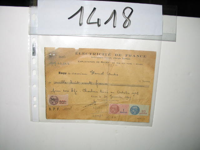  Collection ASPEG, pièce numéro 1418 : Bon de reçu livraison de charbon
