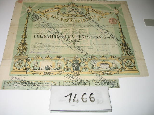  Collection ASPEG, pièce numéro 1466 : Lithogravure d'une obligation au porteur de 500 Fr