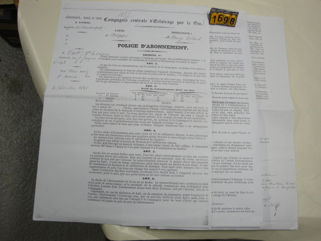  Collection ASPEG, pièce numéro 1698 : Affiche Police d'abonnement d'éclairage par le gaz