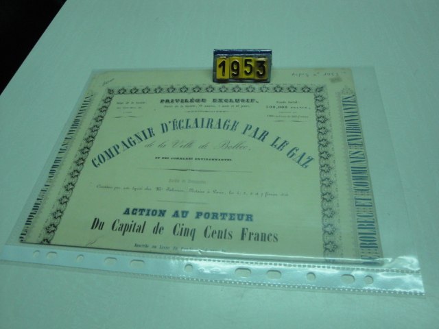  Collection ASPEG, pièce numéro 1953 : Cie éclairage par le gaz 1 action