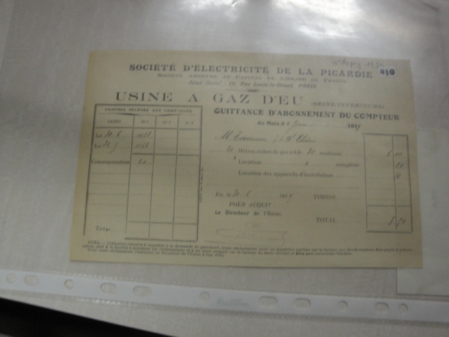  Collection ASPEG, pièce numéro 1954 : Quittance d'abonnement usine d'EU