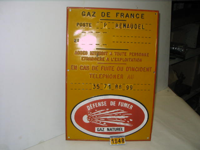  Collection ASPEG, pièce numéro 1648 : Pancarte identification Poste Gaz
